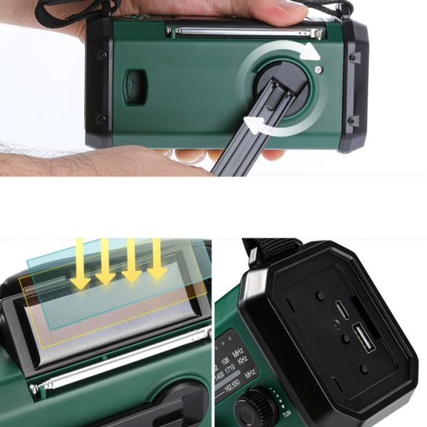 PRZENOŚNE RADIO AWARYJNE BUDOWLANE KUCHENNE SOLARNE NA KORBKĘ LATARKA POWERBANK SOS