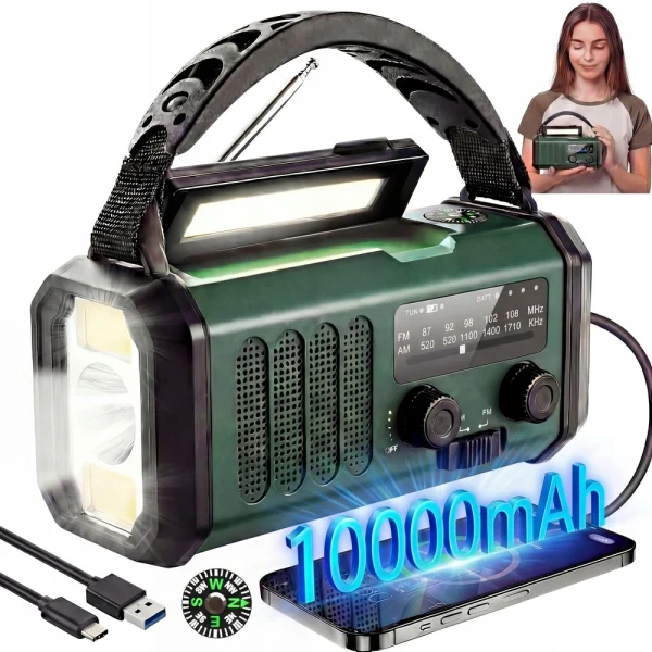 PRZENOŚNE RADIO AWARYJNE BUDOWLANE KUCHENNE SOLARNE NA KORBKĘ LATARKA POWERBANK SOS