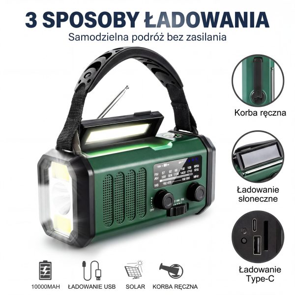 PRZENOŚNE RADIO AWARYJNE BUDOWLANE KUCHENNE SOLARNE NA KORBKĘ LATARKA POWERBANK SOS
