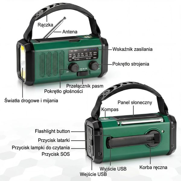PRZENOŚNE RADIO AWARYJNE BUDOWLANE KUCHENNE SOLARNE NA KORBKĘ LATARKA POWERBANK SOS