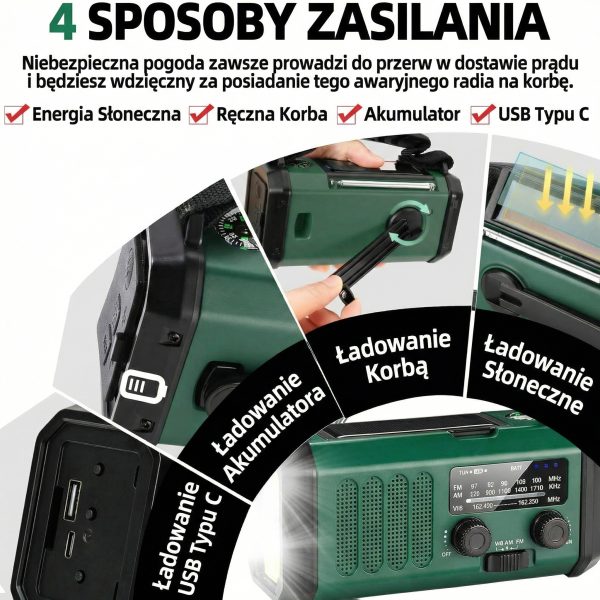 PRZENOŚNE RADIO AWARYJNE BUDOWLANE KUCHENNE SOLARNE NA KORBKĘ LATARKA POWERBANK SOS